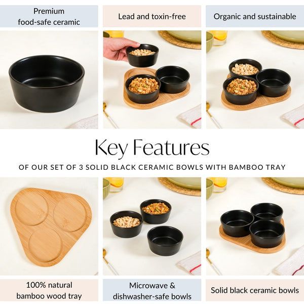 Black Ceramic Bowls Set Of 3 With Bamboo Tray 200ml