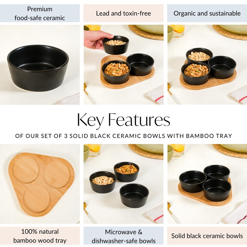 Set Of 3 Solid Black Ceramic Bowls With Bamboo Tray 200ml