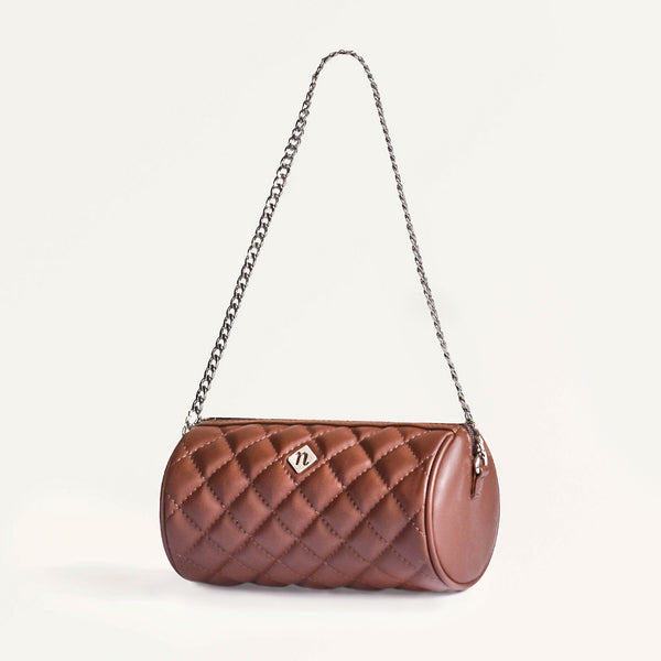 Brown Mini Barrel Bag With Sling Chain