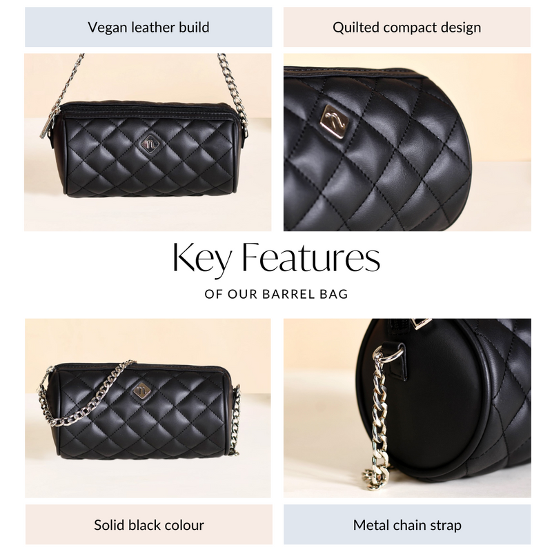 Black Cylindrical Quilted Mini Barrel Bag