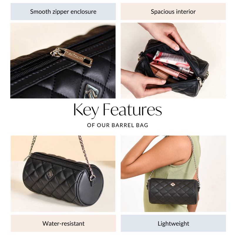 Black Cylindrical Quilted Mini Barrel Bag