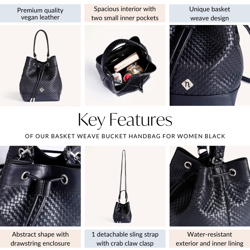Basket Weave Bucket Handbag For Women Black
