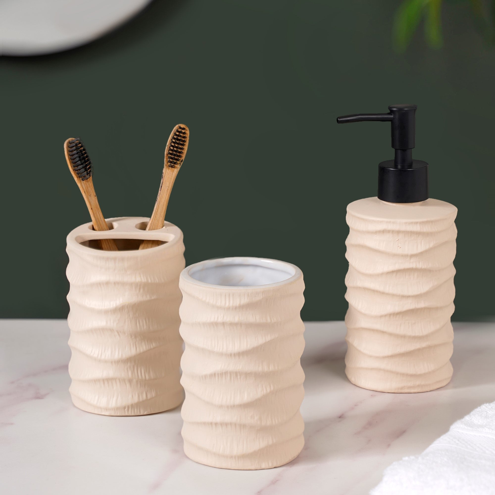 Wave Design Bathroom Accessories Set Of 3 Beige Matte