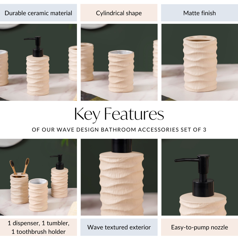 Wave Design Bathroom Accessories Set Of 3 Beige