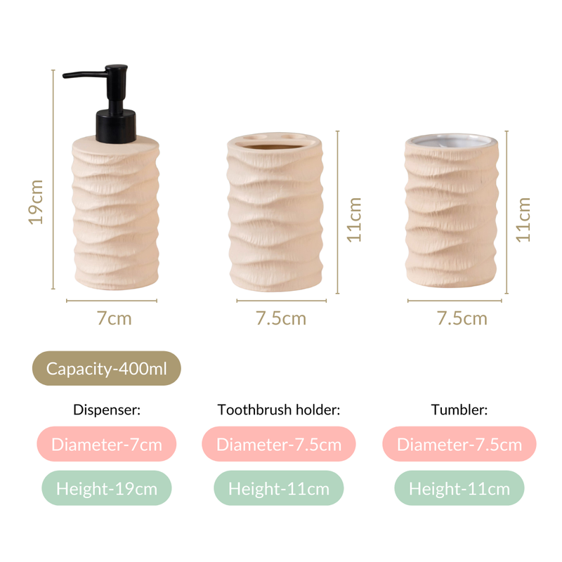Wave Design Bathroom Accessories Set Of 3 Beige