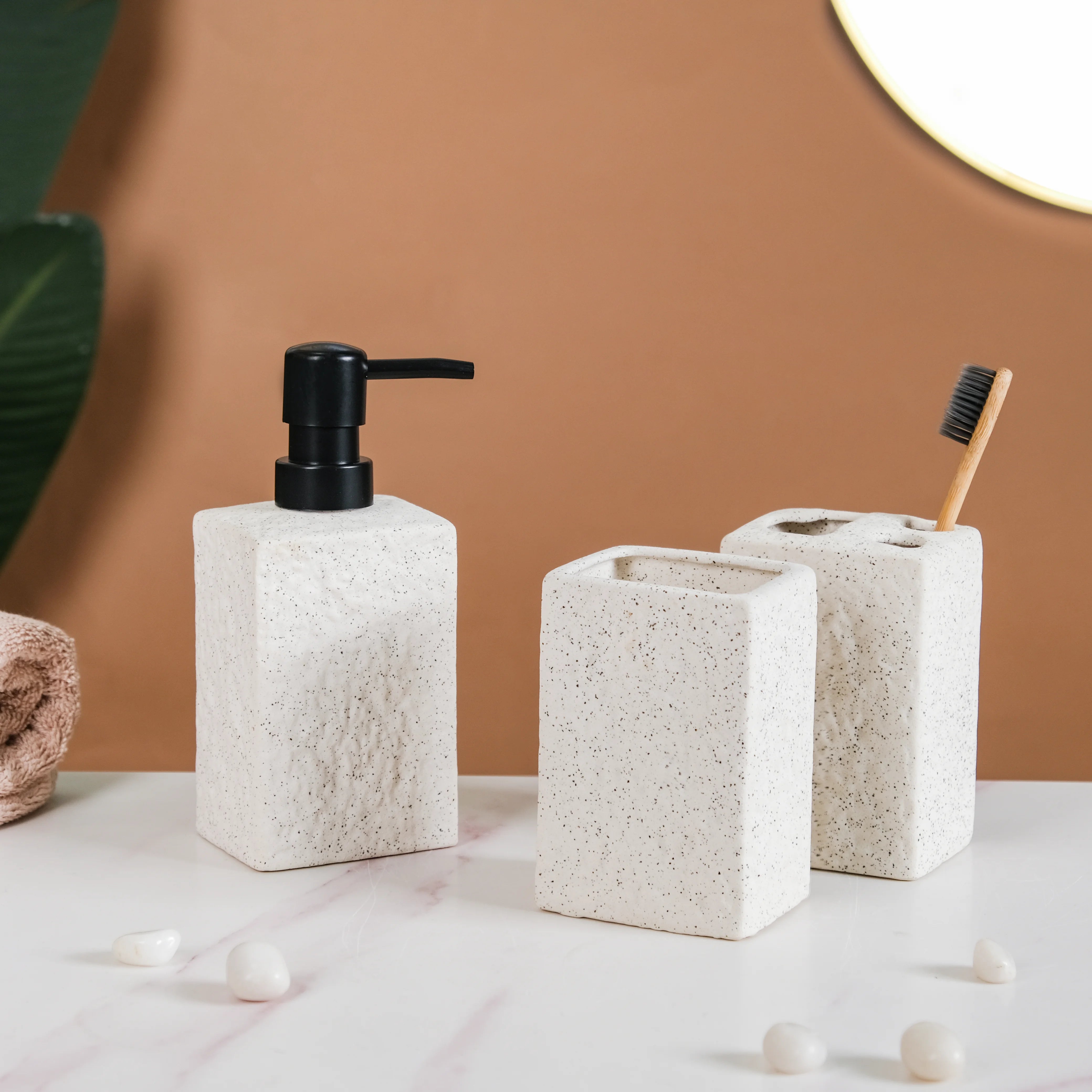 White Stone Bathroom Accessories Set Of 3