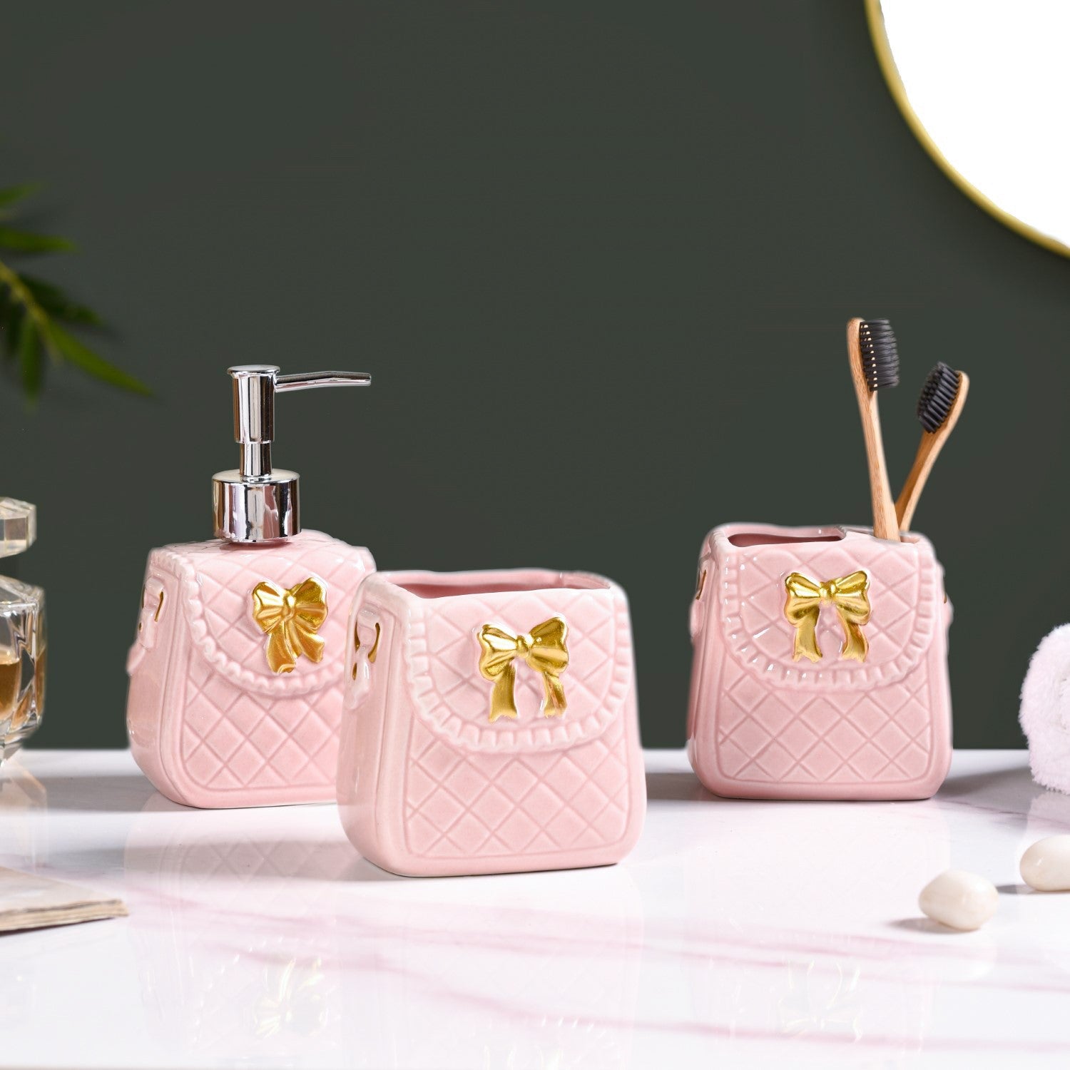 Pink Ceramic Bag Shaped Bath Set Of 3
