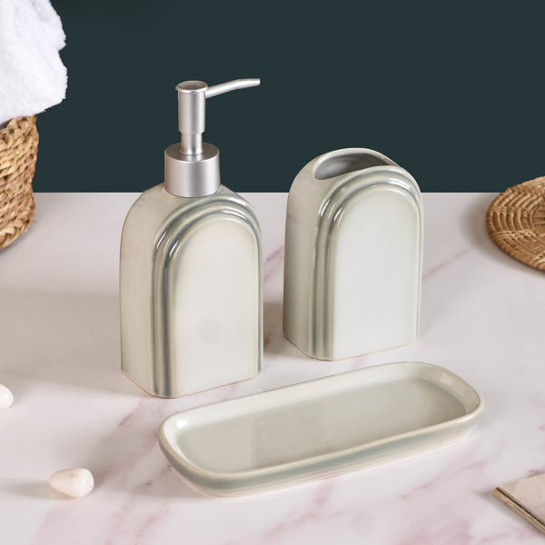 Art Deco Ceramic Bathroom Set Of 3 With Tray Grey