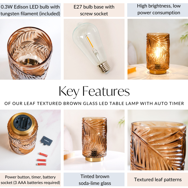 Palm Leaf Brown Glass LED Table Lamp With Auto Timer