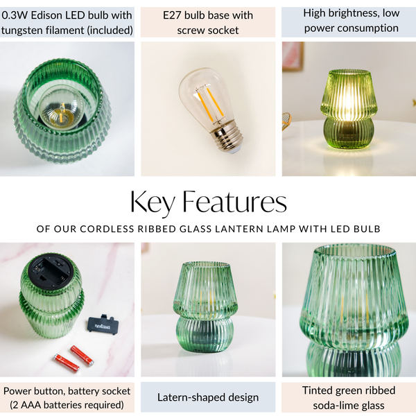 Cordless Ribbed Glass Lantern Lamp With LED Bulb