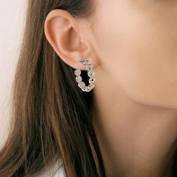 Beaded Chain Link Silver Hoop Earrings