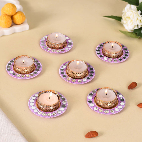 Lavender Tealight Holders With Mirror Decoration Set Of 6