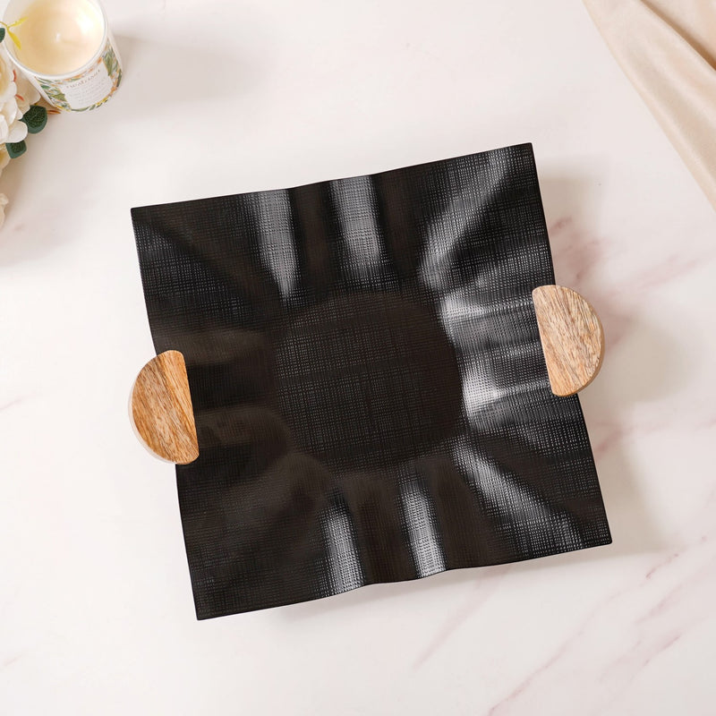 Ruffled Design Solid Black Decorative Tray 12x11 Inch