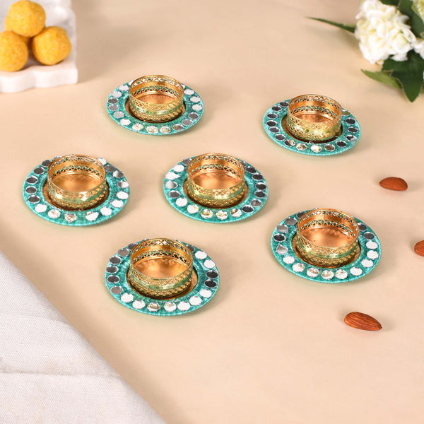 Set Of 6 Firozi Tea Light Holders With Mirrorwork