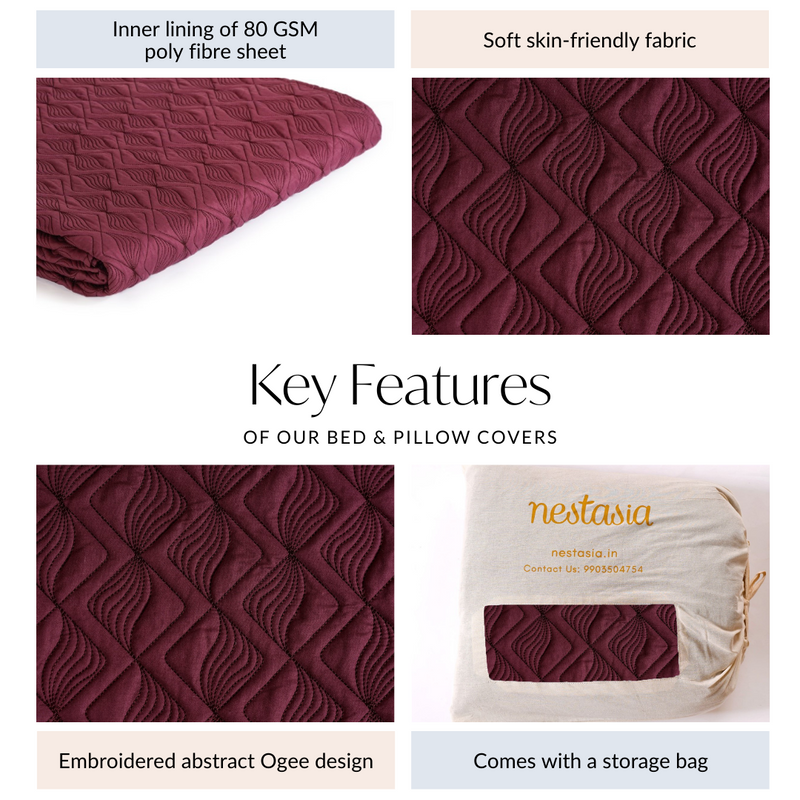 Maroon Cotton Embroidered Bed Cover And Pillow Covers Set Of 3