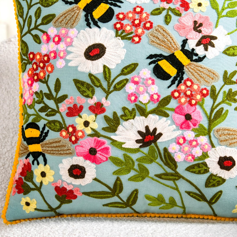 Bee Garden Embroidered Cotton Cushion Cover 40x40cm