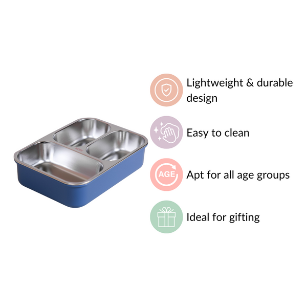 Bento Lunch Box With 3 Individual Compartments Blue 750ml