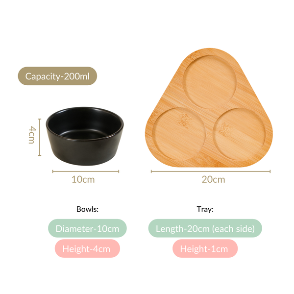 Black Ceramic Bowls Set Of 3 With Bamboo Tray 200ml