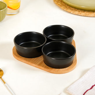 Set Of 3 Solid Black Ceramic Bowls With Bamboo Tray 200ml