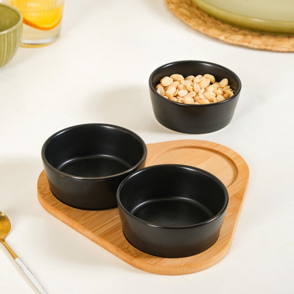 Black Ceramic Bowls Set Of 3 With Bamboo Tray 200ml