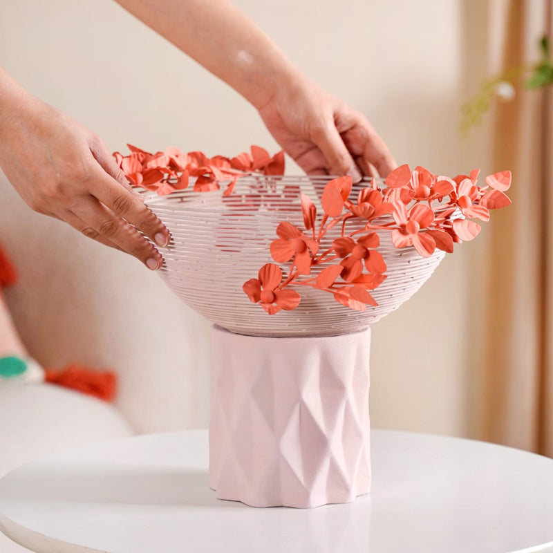 Bloom Basket Pink Pedestal Decorative Bowl- Centerpiece bowl, large decorative bowl, white decorative bowl, decorative bowls, key bowl holder