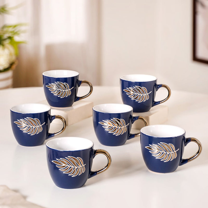 Luxe Leaf Tea Cup Set Of 6 Navy Blue 250ml - Tea cups, tea cup set, ceramic tea cups, printed tea cups, gold tea cups