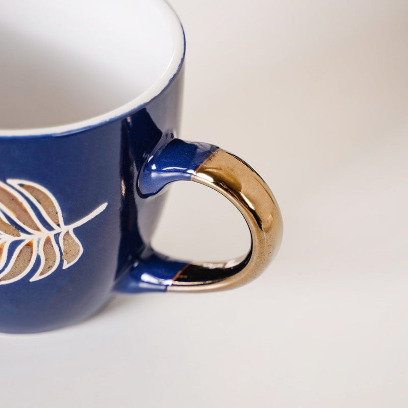 Luxe Leaf Tea Cup Set Of 6 Navy Blue 250ml - Tea cups, tea cup set, ceramic tea cups, printed tea cups, gold tea cups