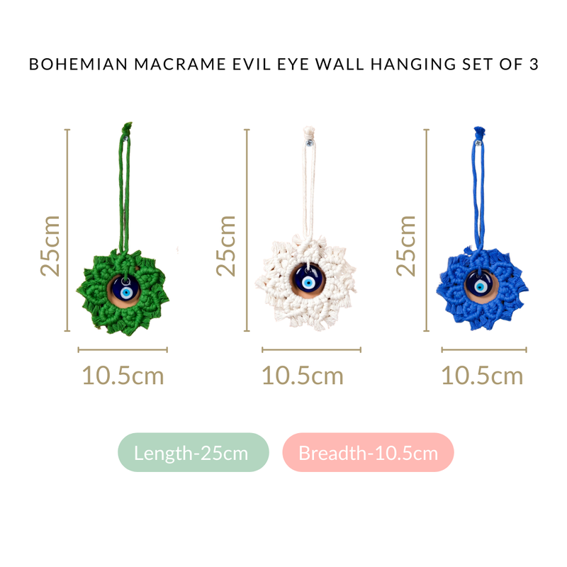 Bohemian Macrame Evil Eye Wall Hanging Set Of 3- Evil eye wall art, wall art for home, wall hanging, evil eye home decor