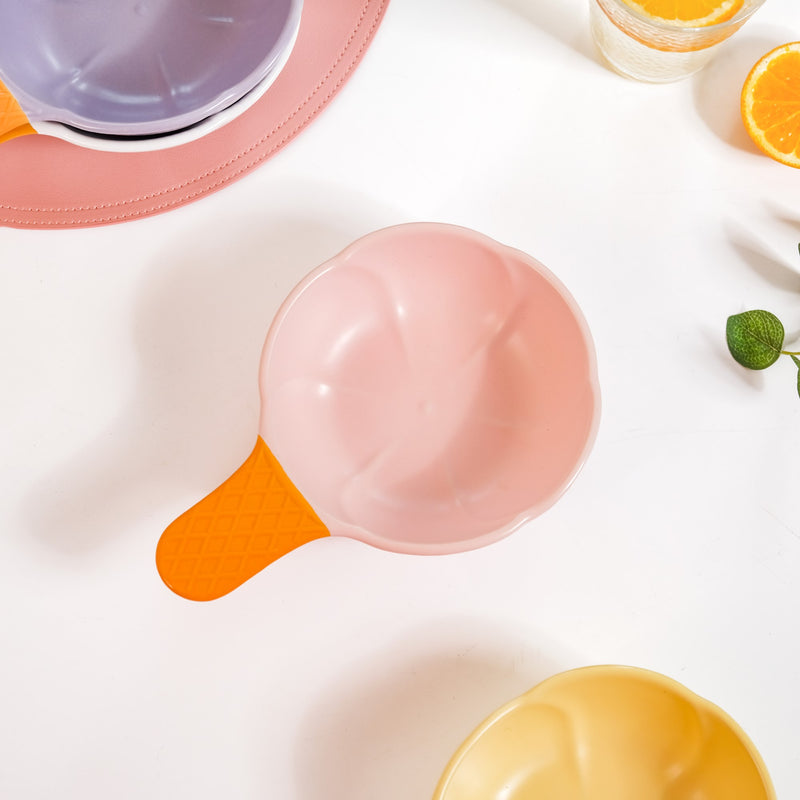 Ice Cream Bowl With Handle Strawberry Pink 400 ml - Serving bowl, ceramic serving bowl, large bowl, bowl with handle, colourful bowl