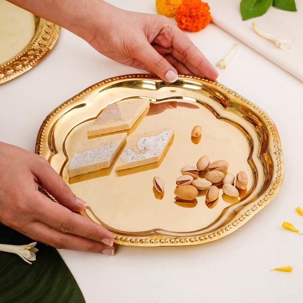 Veda Pure Brass Floral Tray For Festive Decor 24cm