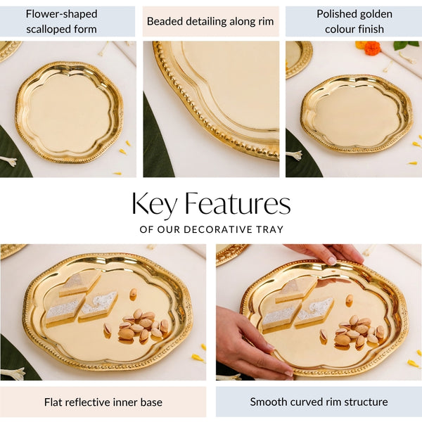 Veda Pure Brass Floral Tray For Festive Decor 24cm