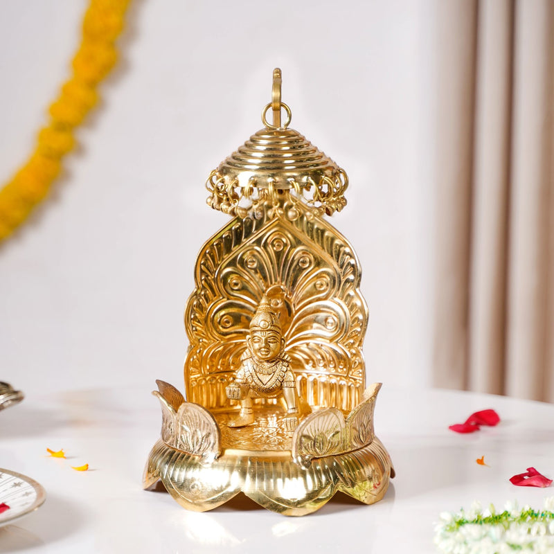 Brass Laddu Gopal Singhasan With Lotus And Peacock Embossing