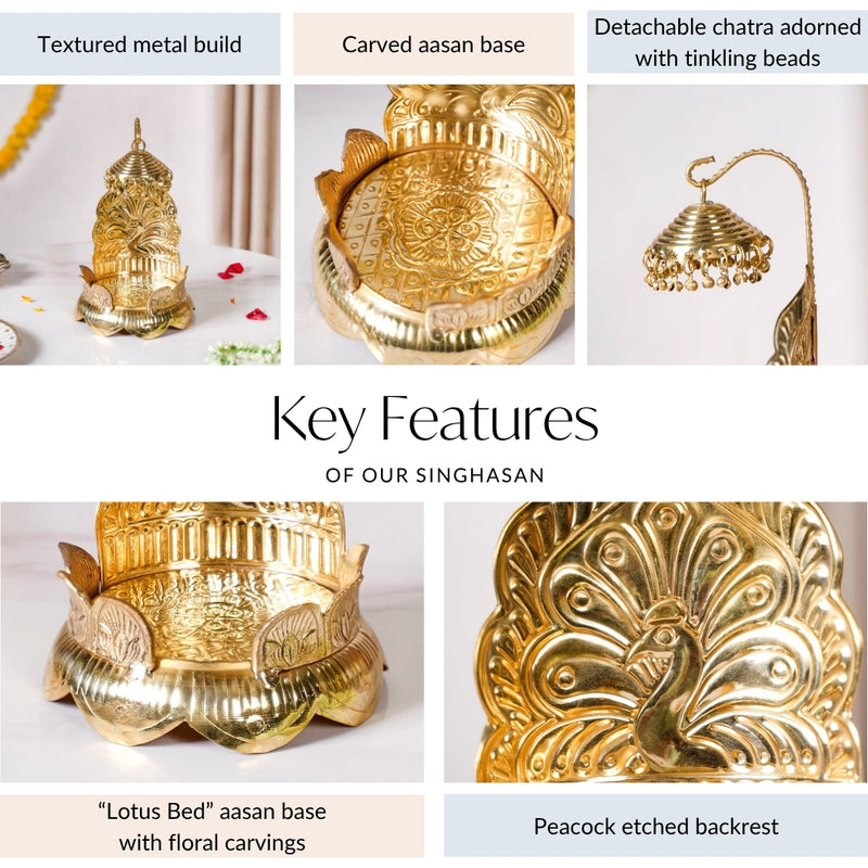 Brass Laddu Gopal Singhasan With Lotus And Peacock Embossing