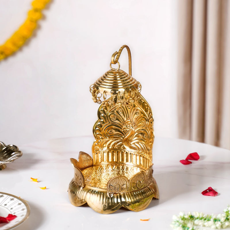 Brass Laddu Gopal Singhasan With Lotus And Peacock Embossing