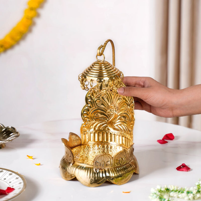 Brass Laddu Gopal Singhasan With Lotus And Peacock Embossing