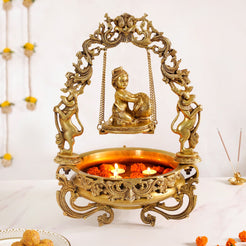 Brass Laddu Gopal Decorative Urli Bowl With Swing- Brass Laddu Gopal Urli, Decorative Urli Bowl, Swinging Laddu Gopal, Brass Home Decor