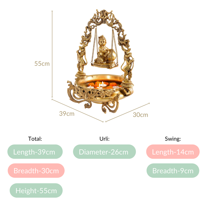 Brass Laddu Gopal Decorative Urli Bowl With Swing- Brass Laddu Gopal Urli, Decorative Urli Bowl, Swinging Laddu Gopal, Brass Home Decor