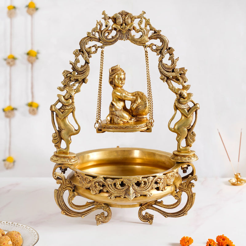 Brass Laddu Gopal Decorative Urli Bowl With Swing- Brass Laddu Gopal Urli, Decorative Urli Bowl, Swinging Laddu Gopal, Brass Home Decor