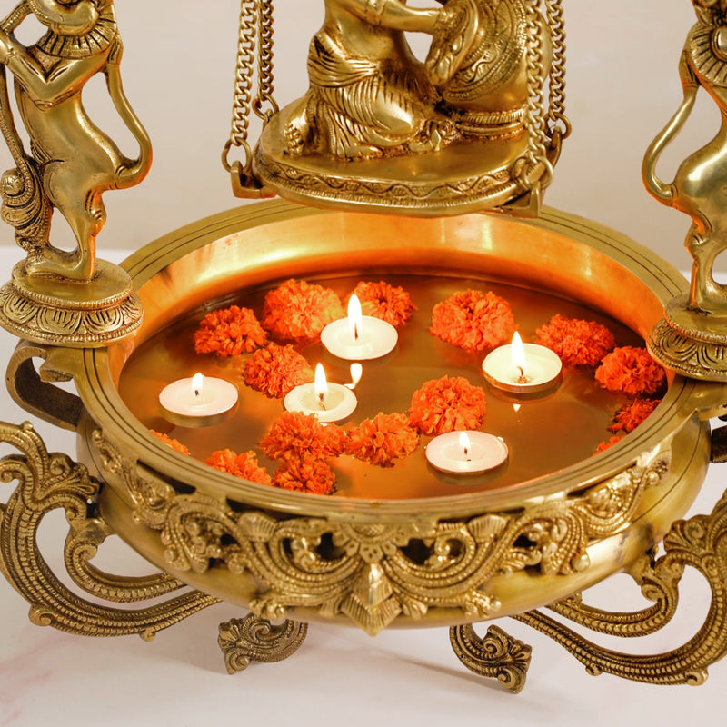 Brass Laddu Gopal Decorative Urli Bowl With Swing- Brass Laddu Gopal Urli, Decorative Urli Bowl, Swinging Laddu Gopal, Brass Home Decor