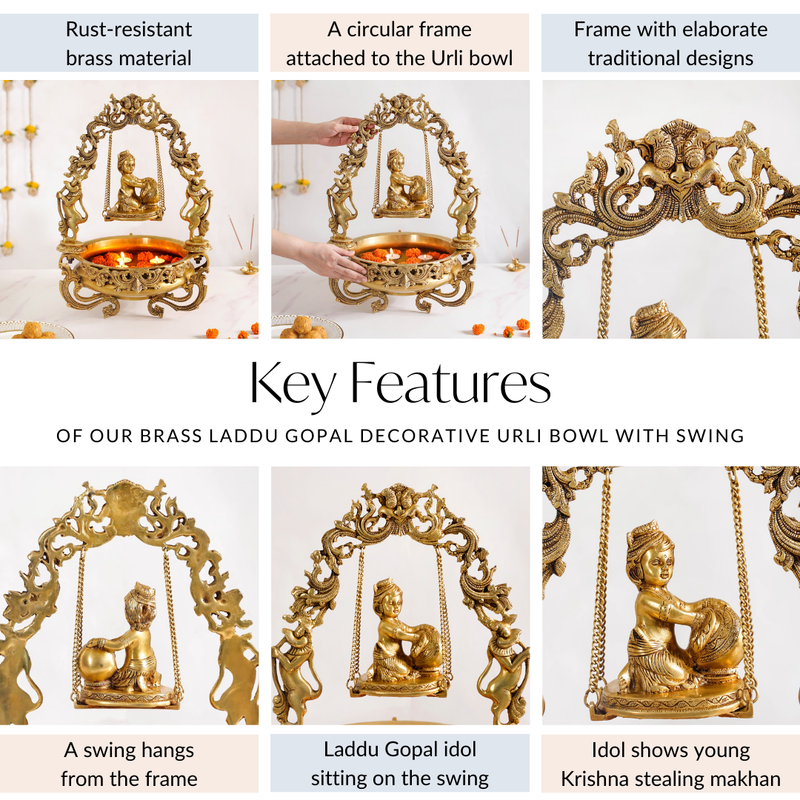 Brass Laddu Gopal Decorative Urli Bowl With Swing- Brass Laddu Gopal Urli, Decorative Urli Bowl, Swinging Laddu Gopal, Brass Home Decor