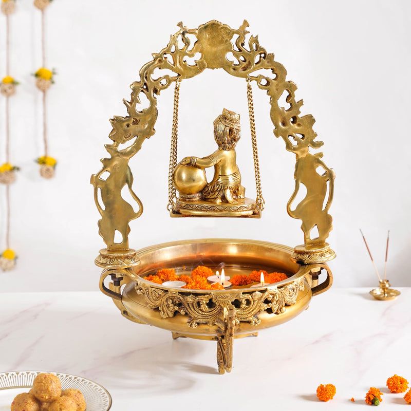 Brass Laddu Gopal Decorative Urli Bowl With Swing- Brass Laddu Gopal Urli, Decorative Urli Bowl, Swinging Laddu Gopal, Brass Home Decor