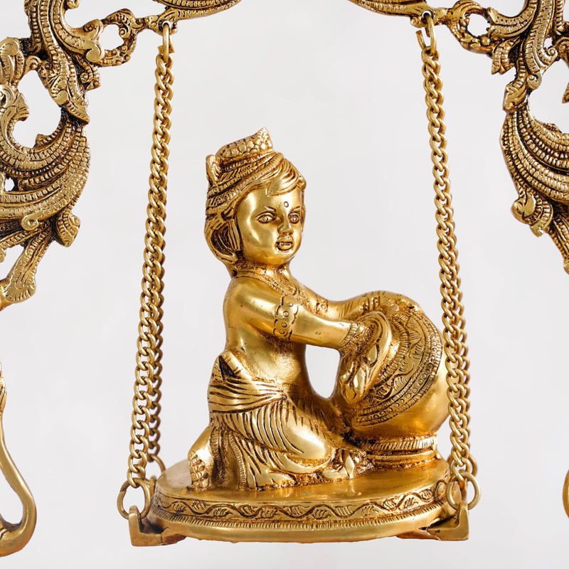 Brass Laddu Gopal Decorative Urli Bowl With Swing- Brass Laddu Gopal Urli, Decorative Urli Bowl, Swinging Laddu Gopal, Brass Home Decor