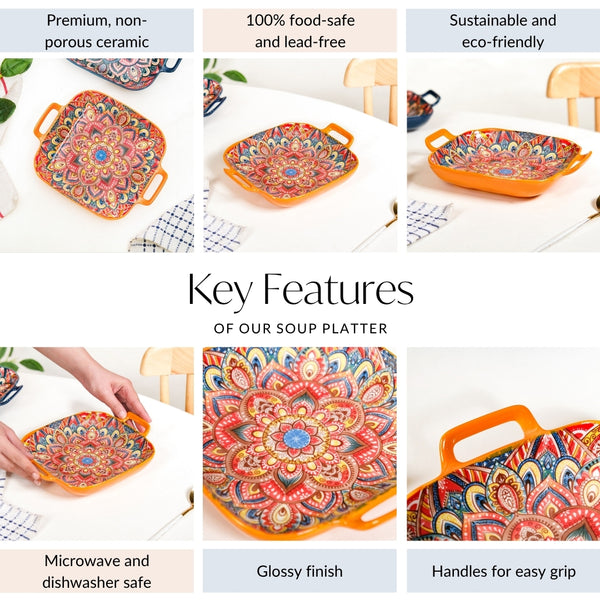 Mandala Melange Square Ceramic Serving Platter Orange