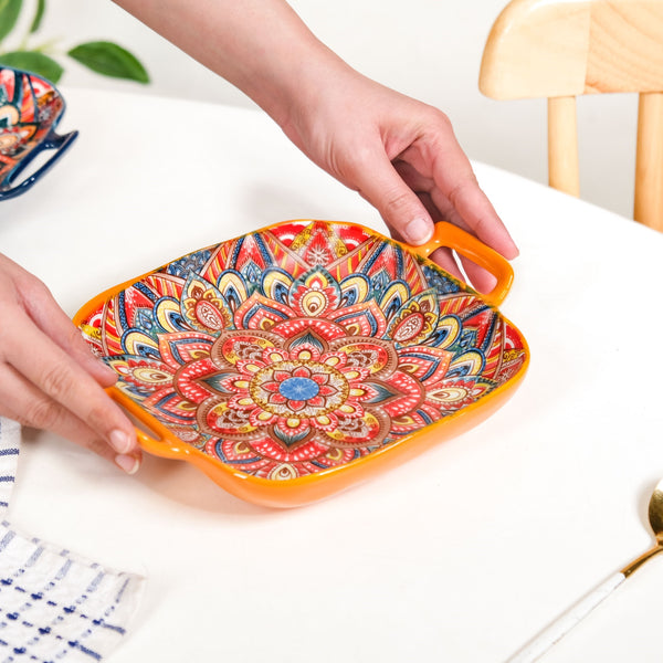 Mandala Melange Square Ceramic Serving Platter Orange
