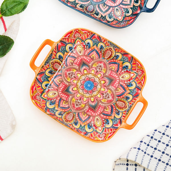 Mandala Melange Square Ceramic Serving Platter Orange