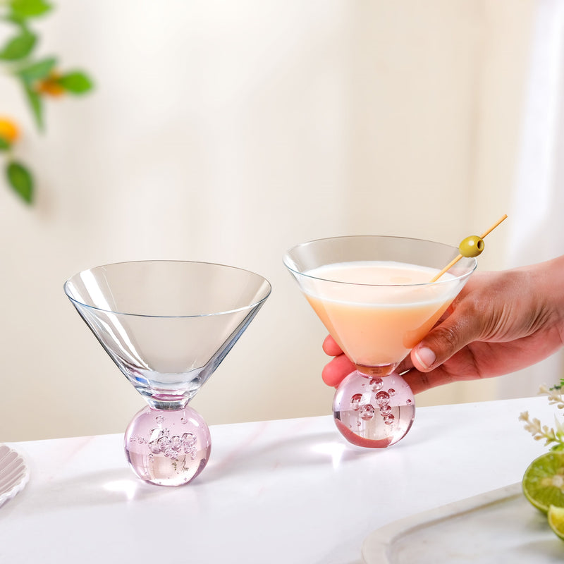 Bubble Base Martini Glass Set Of 2 220ml Pink