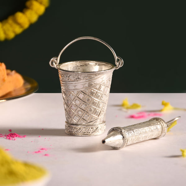 German Silver Holi Pichkari And Bucket Set Of 2