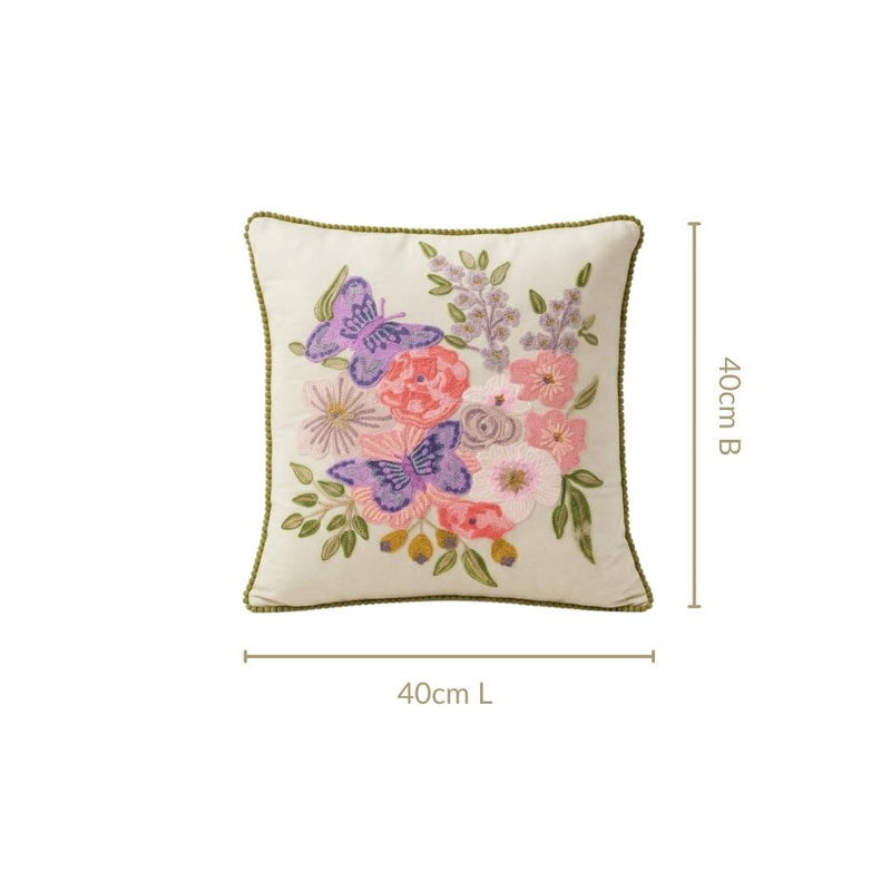 Butterfly Meadow Cotton Embroidered Cushion Cover 40x40cm