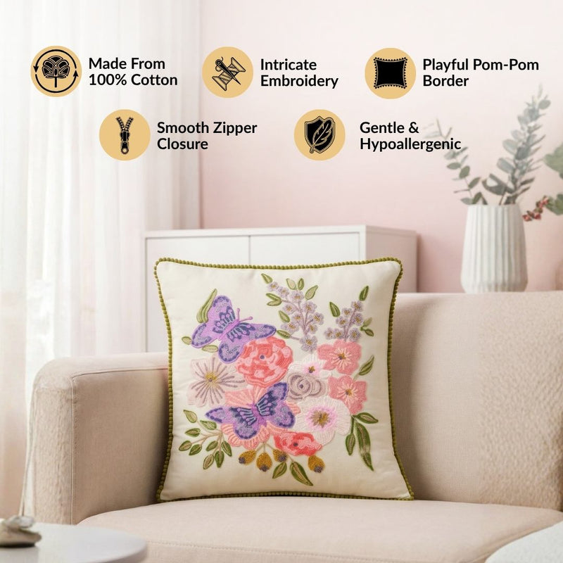Butterfly Meadow Cotton Embroidered Cushion Cover 40x40cm