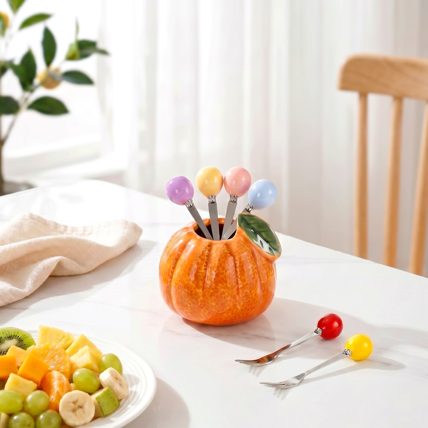 Orange Fruit Fork Set With Ceramic Holder Set Of 7